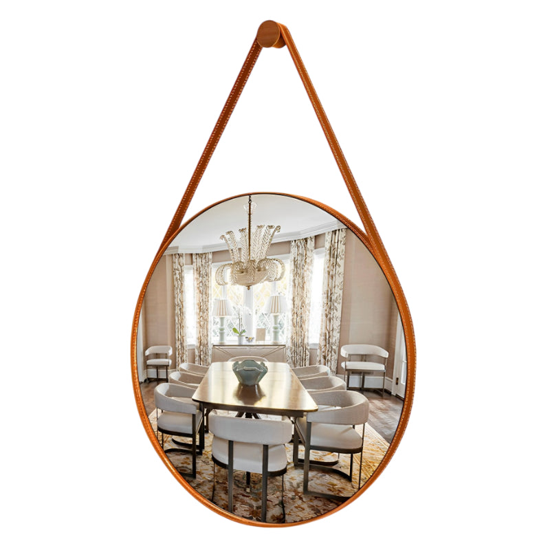 Espelho Redondo Decorativo com Alça de Couro Adnet, 60/50 cm para Parede