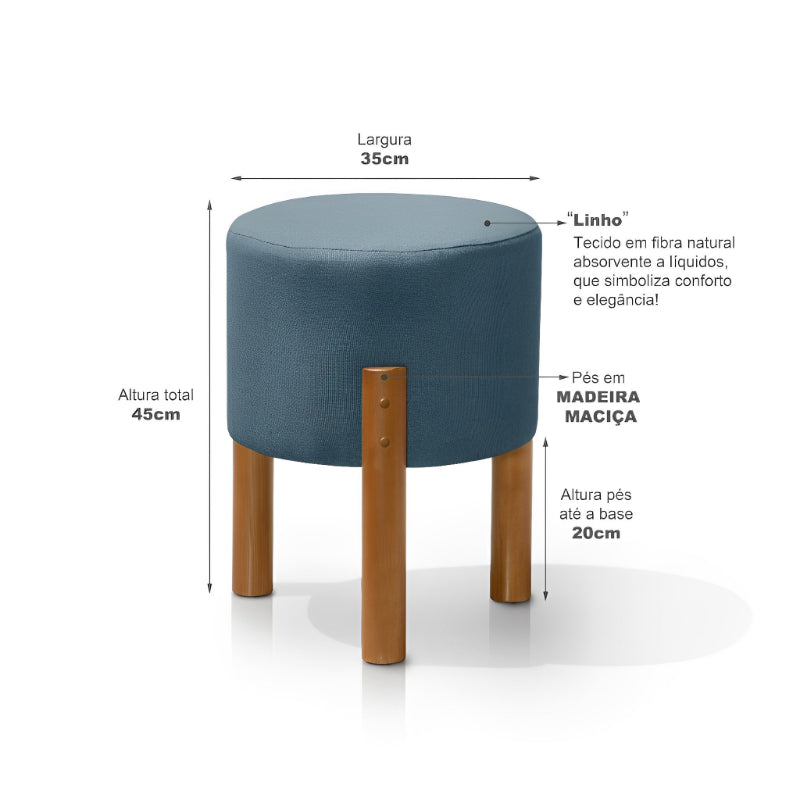 Puff Thor Decorativo Redondo com Pés de Madeira Maciça