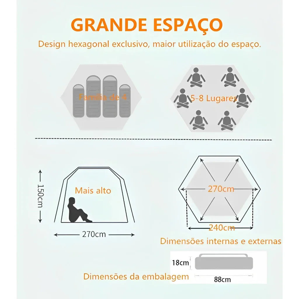 Barraca de Camping para 5-8 Pessoas, Grande e Arejada, 270 x 270 x 150cm