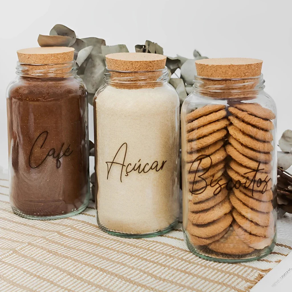 Kit Cantinho do Café, 3 Potes de Vidro 810ml com Tampa Rolha