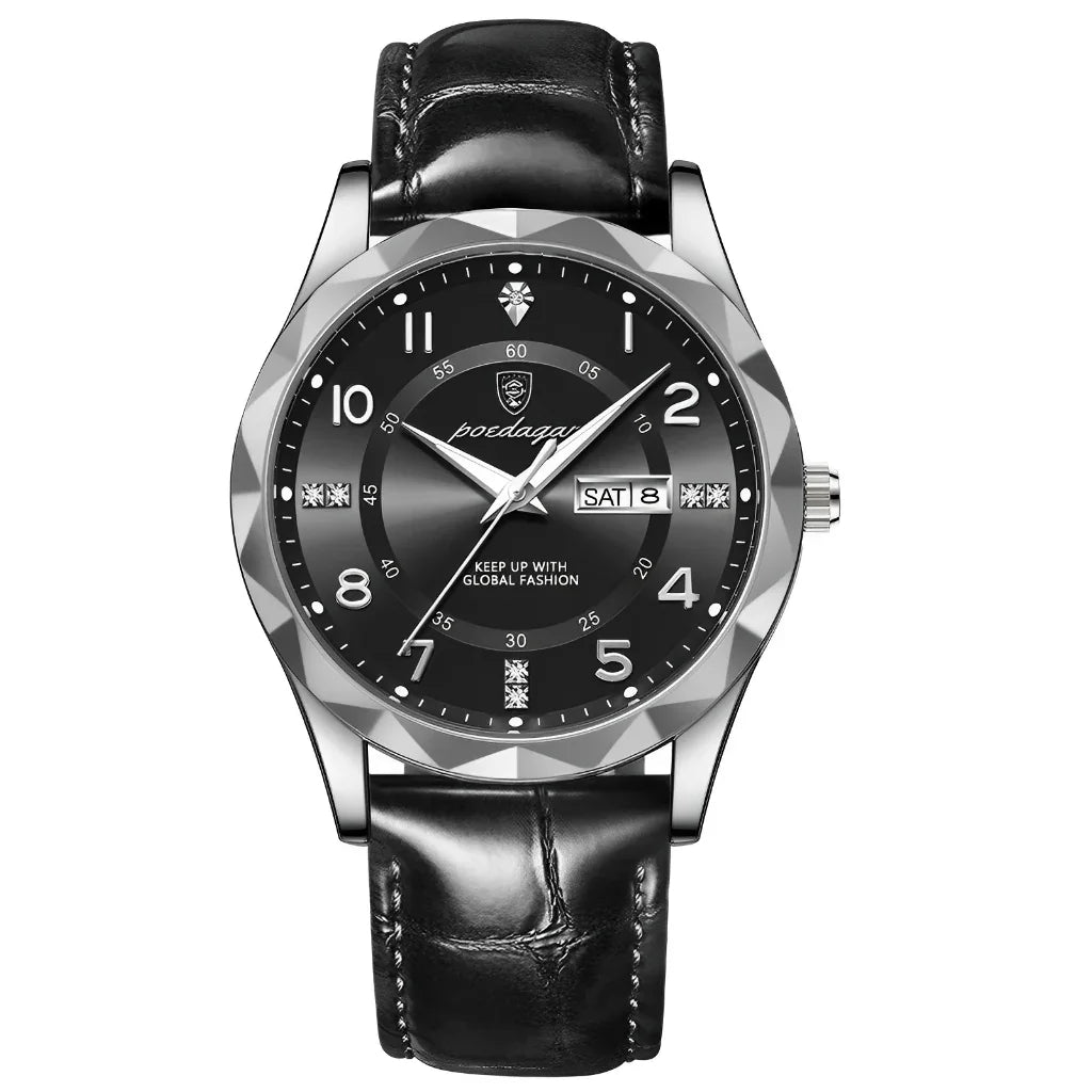 Relógio de Quartzo Poedagar 858 com Pulseira de Couro e À Prova D'água