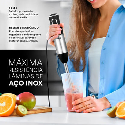 Mixer 3 em 1 Inox com 2 Velocidades com Batedor Fue, Copo de 500ml e Miniprocessador 220V