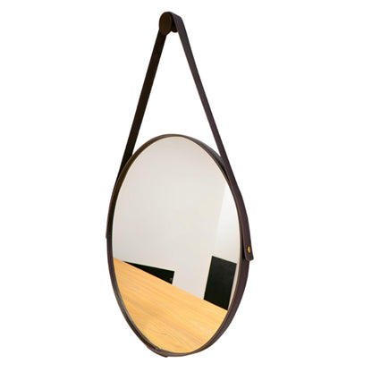 Espelho Redondo Decorativo com Alça de Couro Adnet, 60/50 cm para Parede