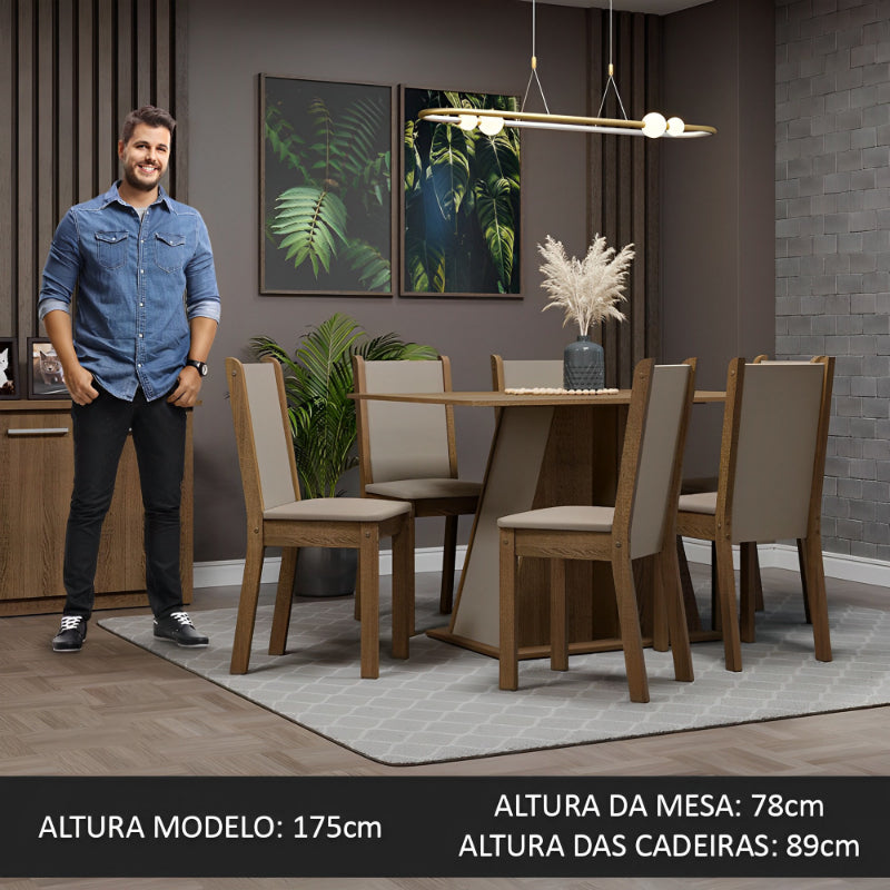 Conjunto Sala de Jantar, Mesa Tampo de Madeira com 6 Cadeiras