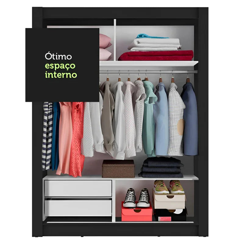 Guarda-Roupa Solteiro com 2 Portas de Correr com Espelho e 2 Gavetas