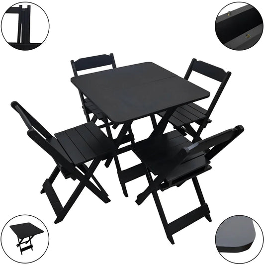 Jogo de Mesa Dobrável 70x70 com 4 Cadeiras, Madeira Maciça