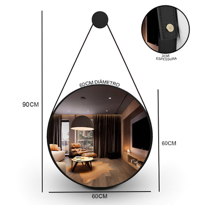 Espelho Redondo Decorativo com Alça de Couro Adnet, 60/50 cm para Parede