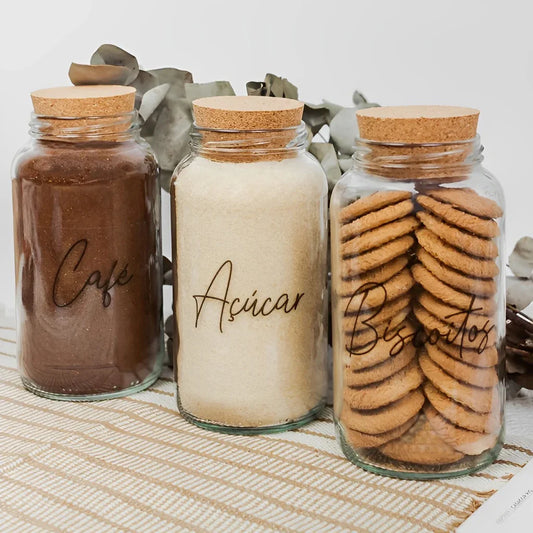 Kit Cantinho do Café, 3 Potes de Vidro 810ml com Tampa Rolha