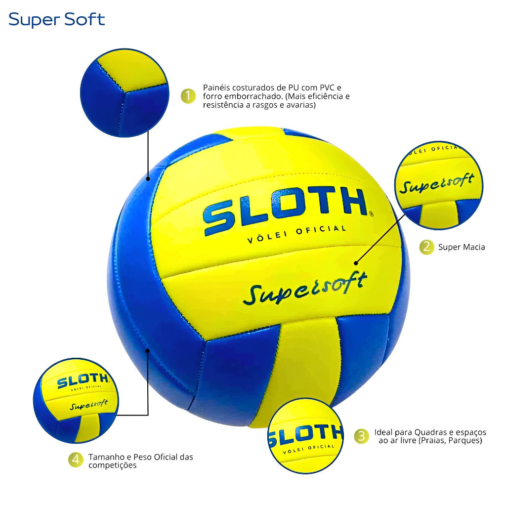 Bola de Vôlei Oficial Sloth, Macia PU, Costurada, para Quadra e Praia, SuperSoft