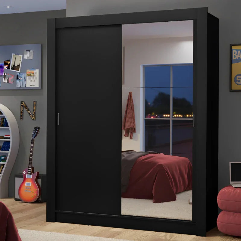 Guarda-Roupa Solteiro com 2 Portas de Correr com Espelho e 2 Gavetas