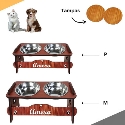 Comedouro Inclinável Personalizado para Cães e Gatos com Potes de Inox e Tampas