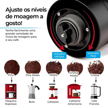 Moedor de Café Elétrico Portátil Recarregável com Ajuste de Níveis de Moagem