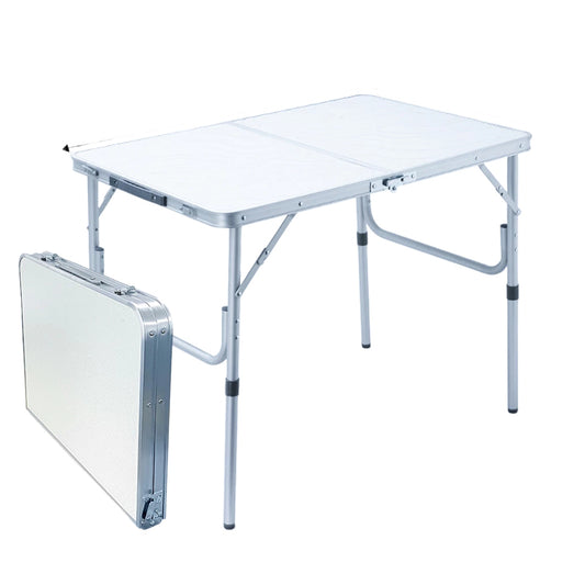 Mesa Dobrável de Alumínio Portátil 90 x 60cm com Tampo de MDF, Vira Maleta para Camping e Praia