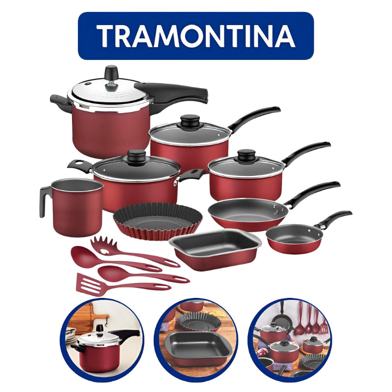 Jogo de Panelas Antiaderente Tramontina 13 Peças com Panela de Pressão e Utensílios