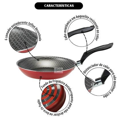 Kit Jogo de Frigideiras 3 Peças Antiaderente Teflon 6 Camadas Desenhada Rouge com Espátula