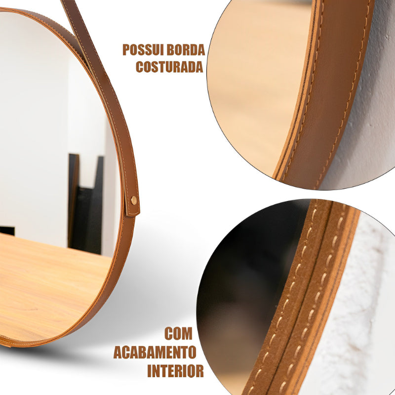 Espelho Redondo Decorativo com Alça de Couro Adnet, 60/50 cm para Parede