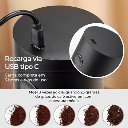 Moedor de Café Elétrico Portátil Recarregável com Ajuste de Níveis de Moagem