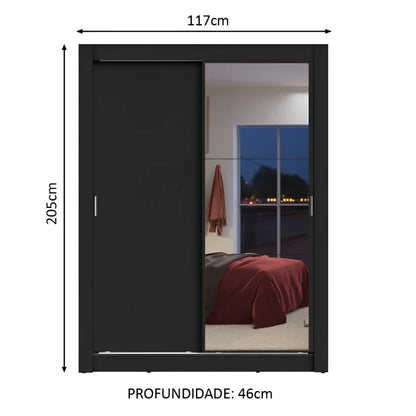 Guarda-Roupa Solteiro com 2 Portas de Correr com Espelho e 2 Gavetas