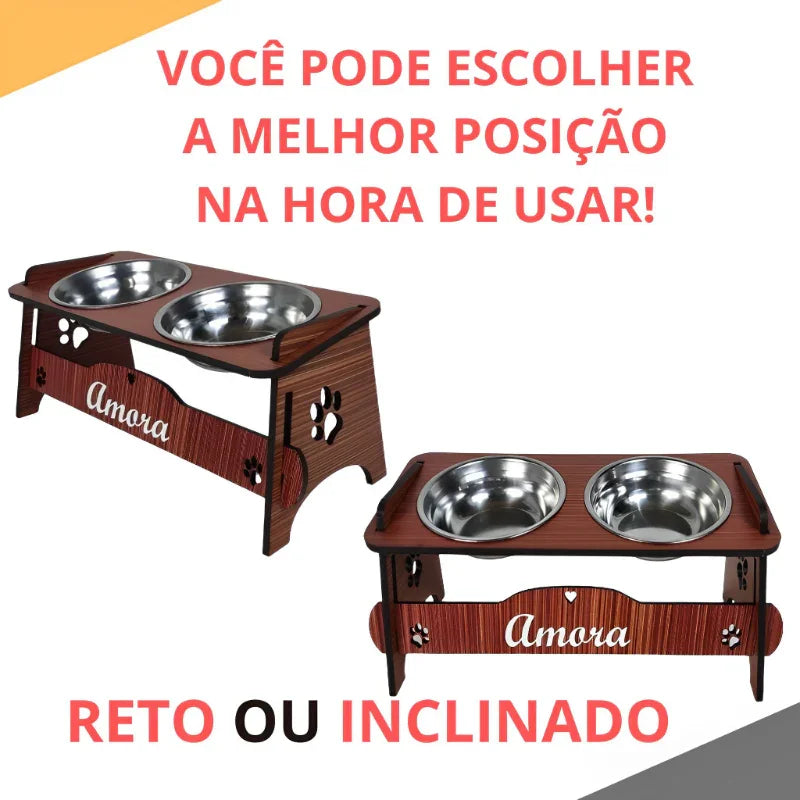 Comedouro Inclinável Personalizado para Cães e Gatos com Potes de Inox e Tampas