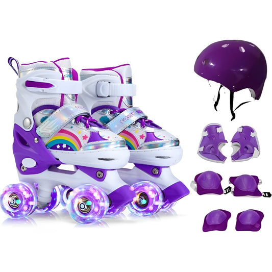 Kit Patins Infantil com Rodas Ajustáveis, Acessórios de Proteção e Led nas Rodinhas