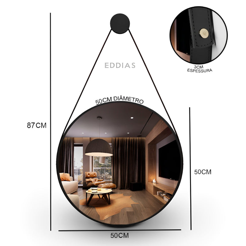 Espelho Redondo Decorativo com Alça de Couro Adnet, 60/50 cm para Parede