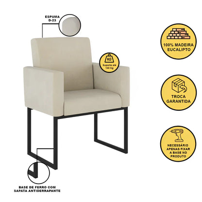 Poltrona Cadeira Decorativa para Recepção, Base de Ferro Preto