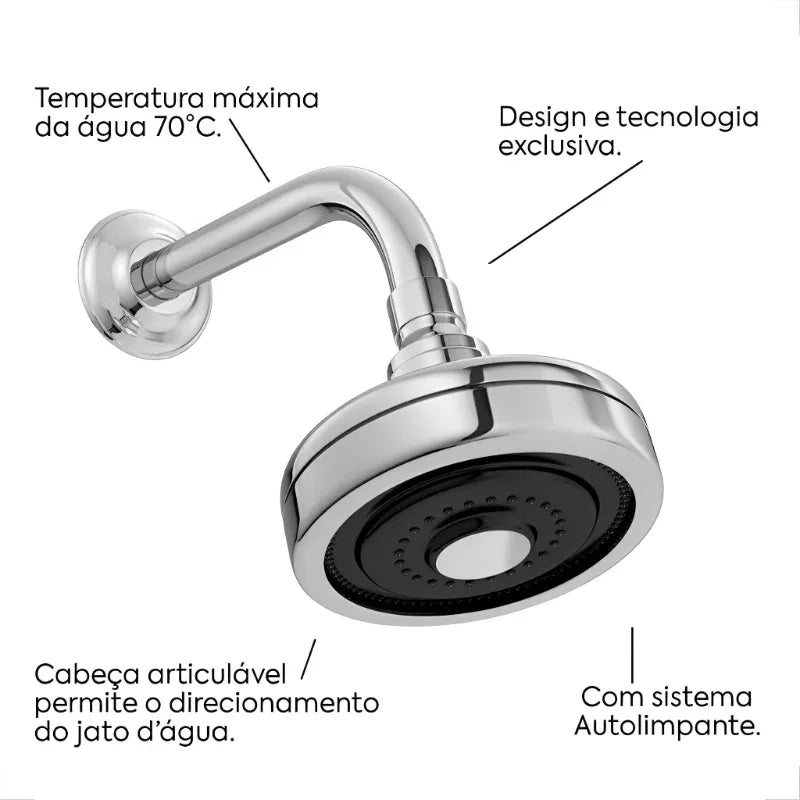 Chuveiro Redondo Cromado Articulável Autolimpante para Aquecimento Solar ou a Gás