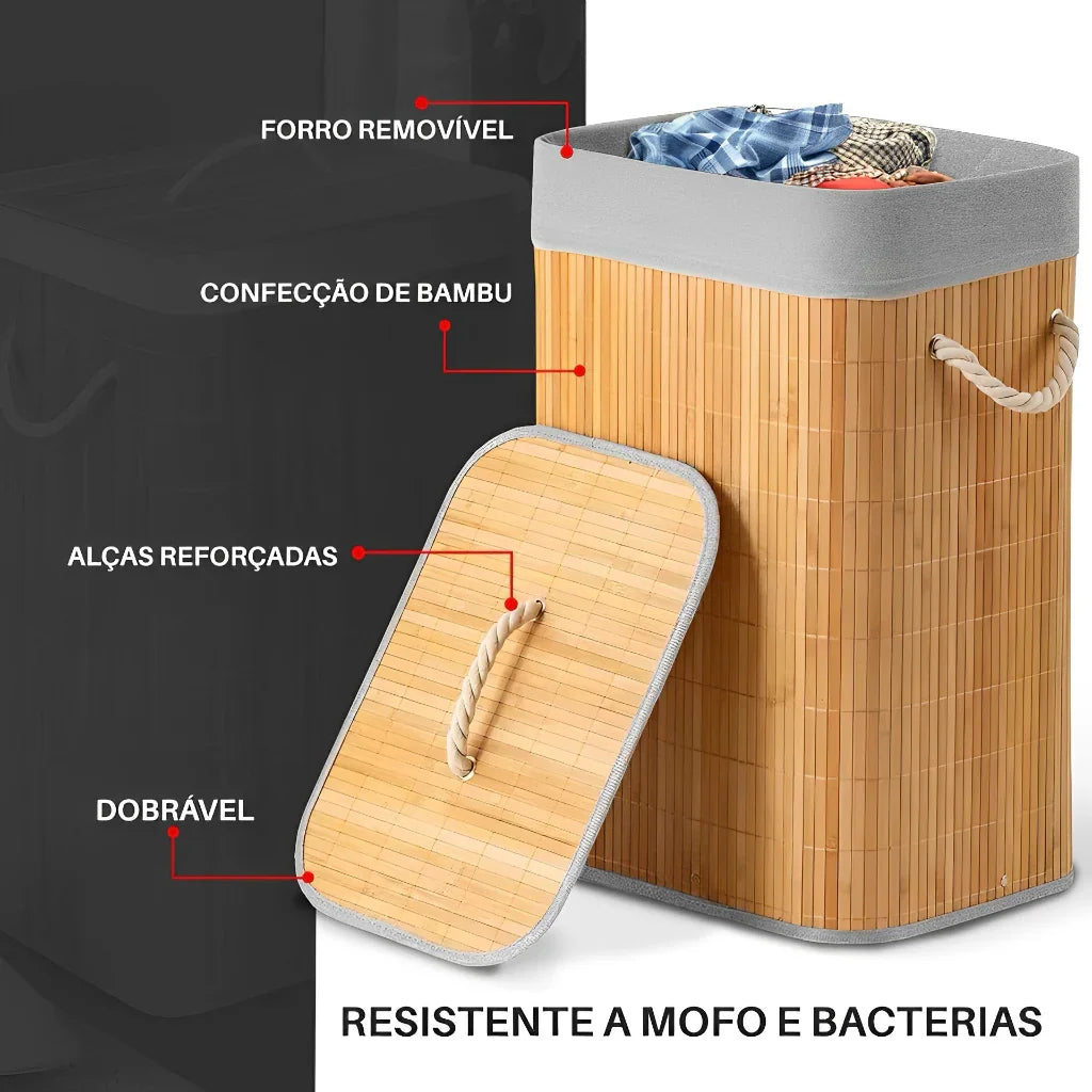 Cesto de Roupa Bambu com Alça Dobravel 60 Litros