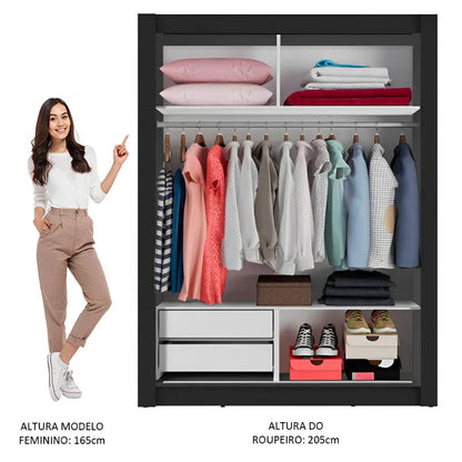 Guarda-Roupa Solteiro com 2 Portas de Correr com Espelho e 2 Gavetas