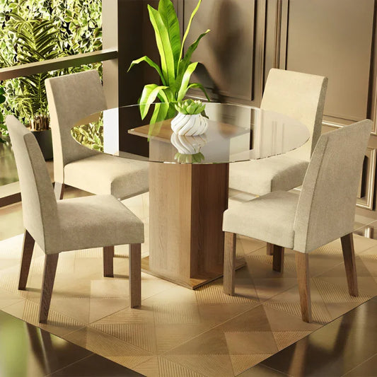 Conjunto Sala de Jantar, Mesa Tampo de Vidro Redondo com 4 Cadeiras