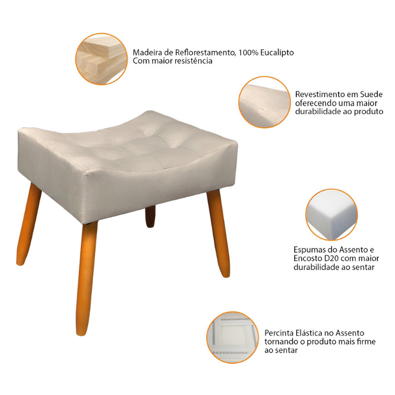Puff Requinte Retangular com Pés Palito e Acabamento em Suede